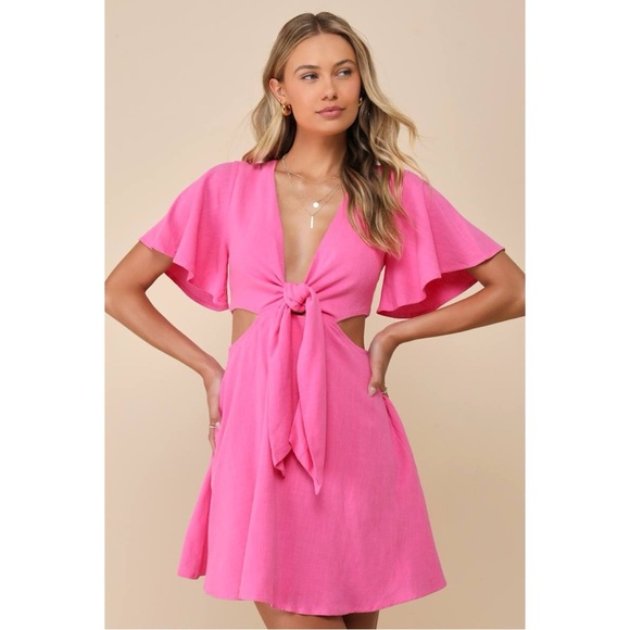 NWT LULU’S Perfect Day for Love Pink Cutout Tie-Front Mini Dress Size Medium - Picture 3 of 14